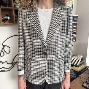 Vintage 90s Black & White Houndstooth Plaid Wool Blend Blazer ~ Size M